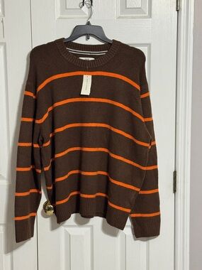 Sun + Stone Brown Crewneck Sweater with Orange Stripes